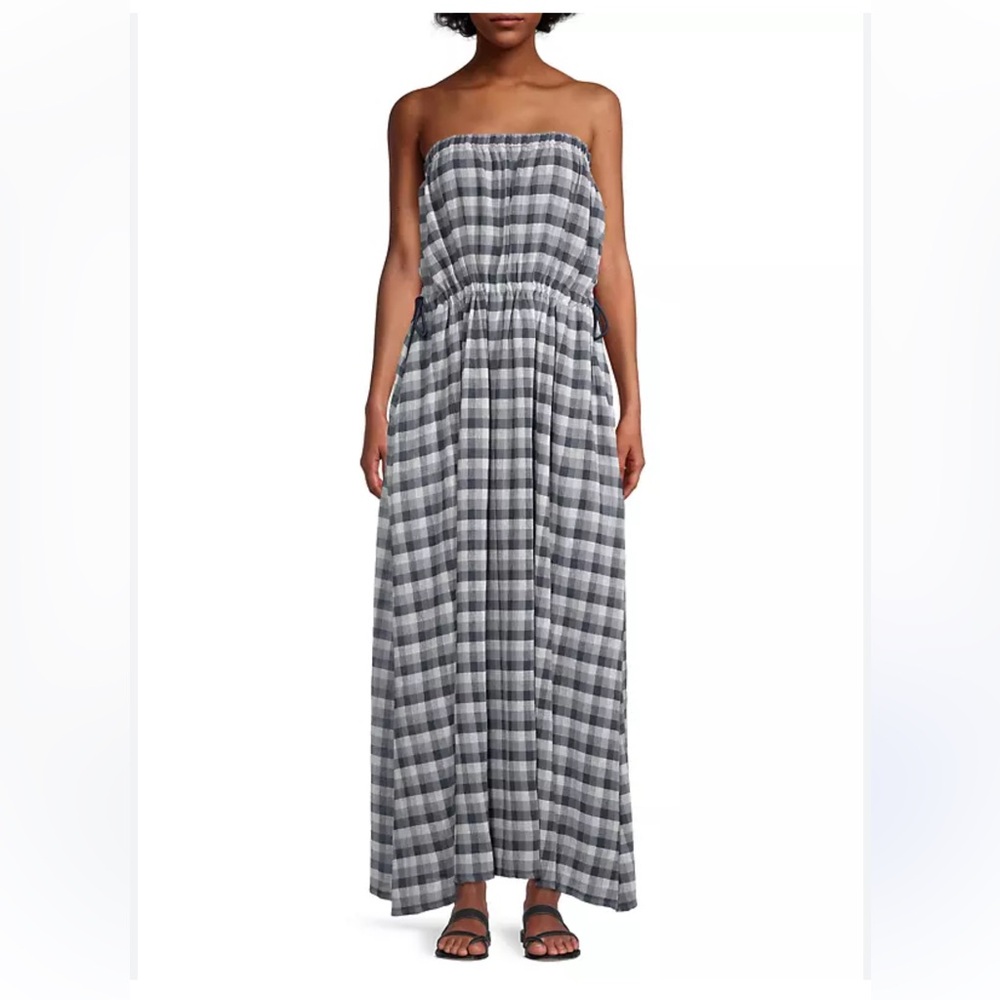Emporio Armani Strapless Gingham Maxi Dress NWOT EU 44 US 10-12 Navy Blue/White - Picture 3 of 11